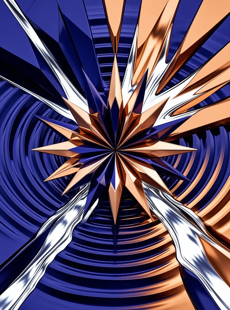 A mirrored copper and navy spiked star is centered in a composition of curved chrome and dark blue metallic ribbed panels.