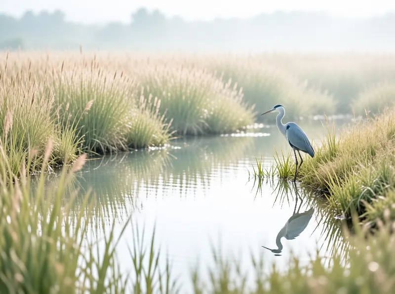 A grey heron stands in shallow water surrounded by tall reeds and soft morning mist reflecting in the calm surface.