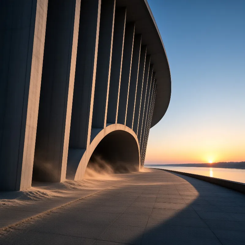 Modern concrete pillars form a curved wall along a paved walkway next to a calm sea during a warm sunset.