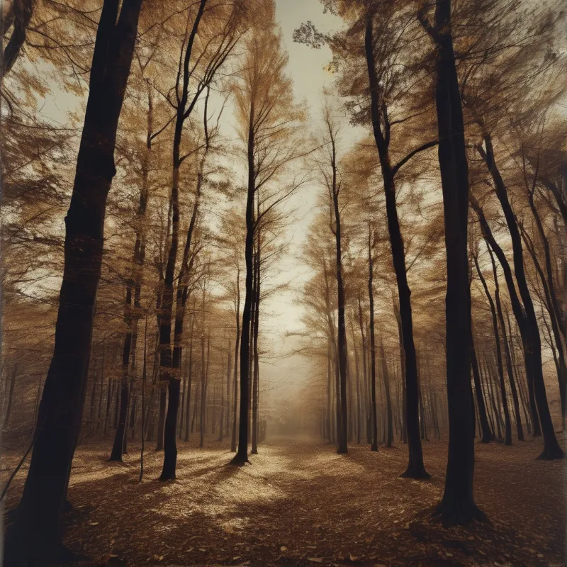 Slender poplar trees with autumn leaves frame a foggy central path covered in dry fallen foliage under soft warm hazy light.