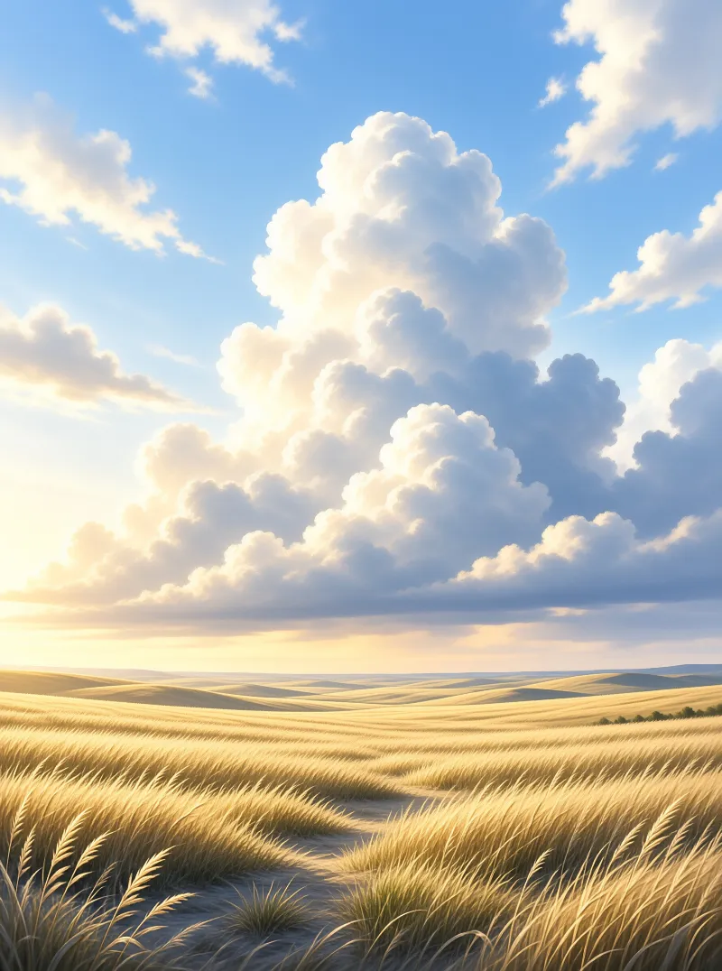 A dirt trail winds through mature wheat fields beneath massive white clouds.