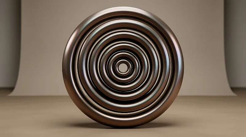 A set of smooth metallic copper and silver concentric rings sits upright on a flat beige surface in a softly lit studio.