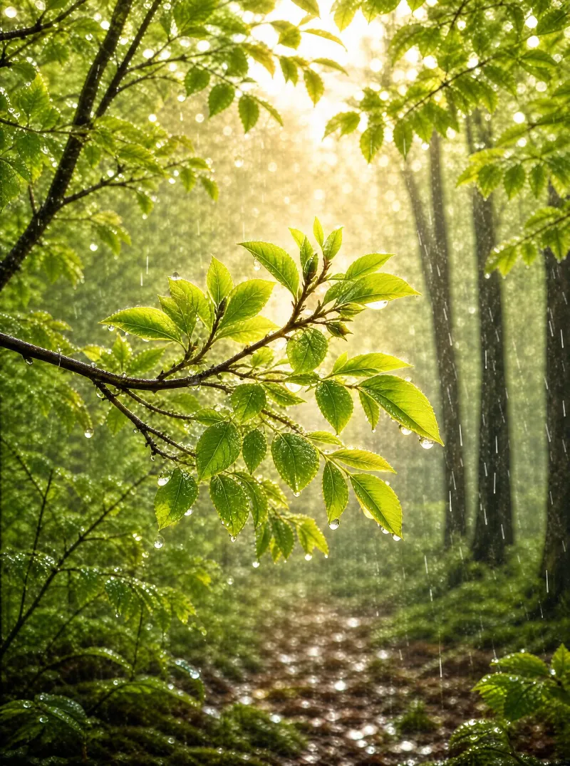 Rainy Forest with Sunlight