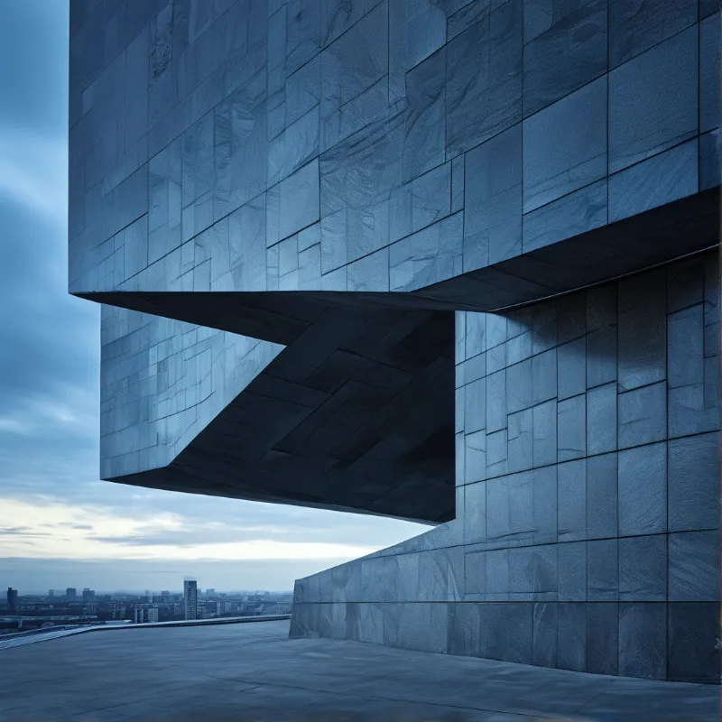 Massive angular building facade featuring sharp cantilevered edges and stone panels illuminated by deep blue twilight sky