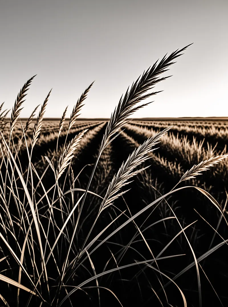 Backlit wild reeds stand in front of rows of crops stretching toward the horizon under a soft sky.
