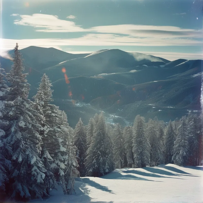 Snow covered evergreens stand in the foreground while rolling blue mountains rise in the distance under a hazy sky with long shadows on the snow.