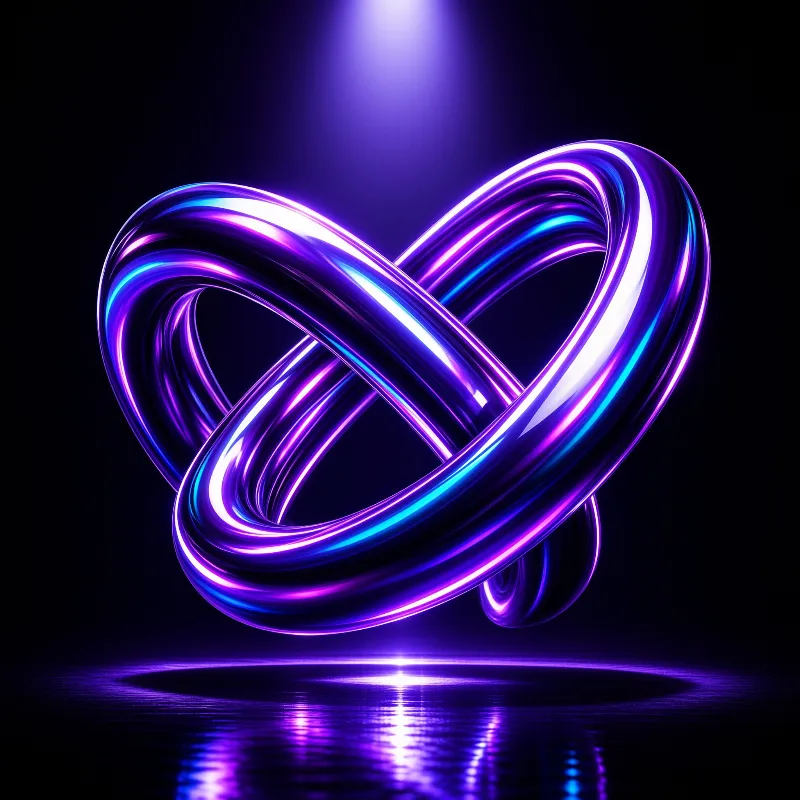 A twisted metallic tube forms an infinity shape glowing in violet and blue above a dark mirror floor.