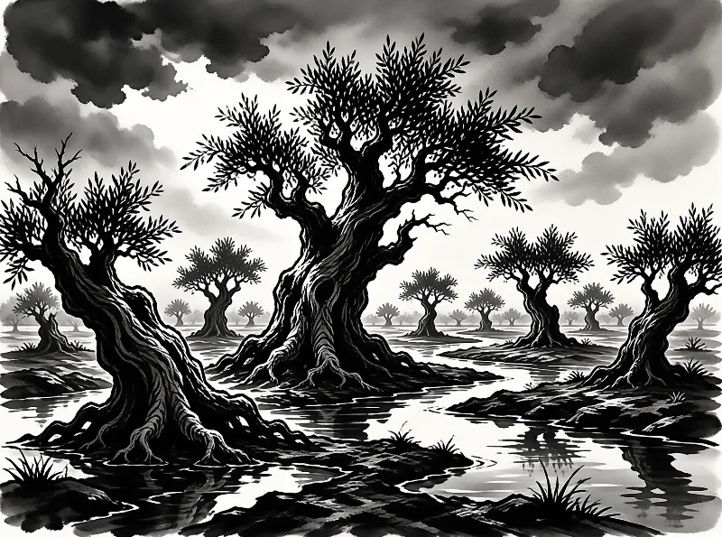Gnarled trees stand in a swampy wetland under dark clouds, their reflections visible in the still water.