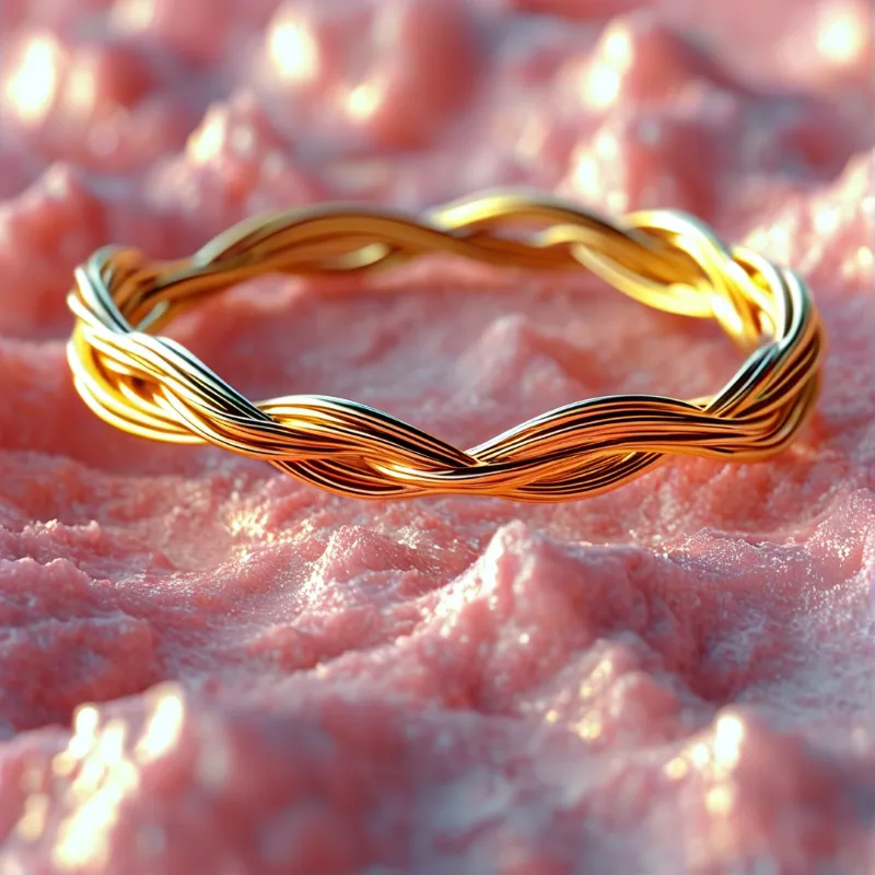 A braided band of yellow and rose gold wires rests on a coarse pink crystalline surface lit by warm light.