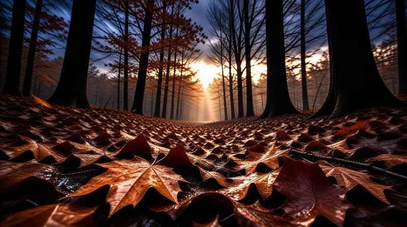 Damp golden maple leaves blanket the forest floor as bright dawn light shines between tall dark autumn tree silhouettes