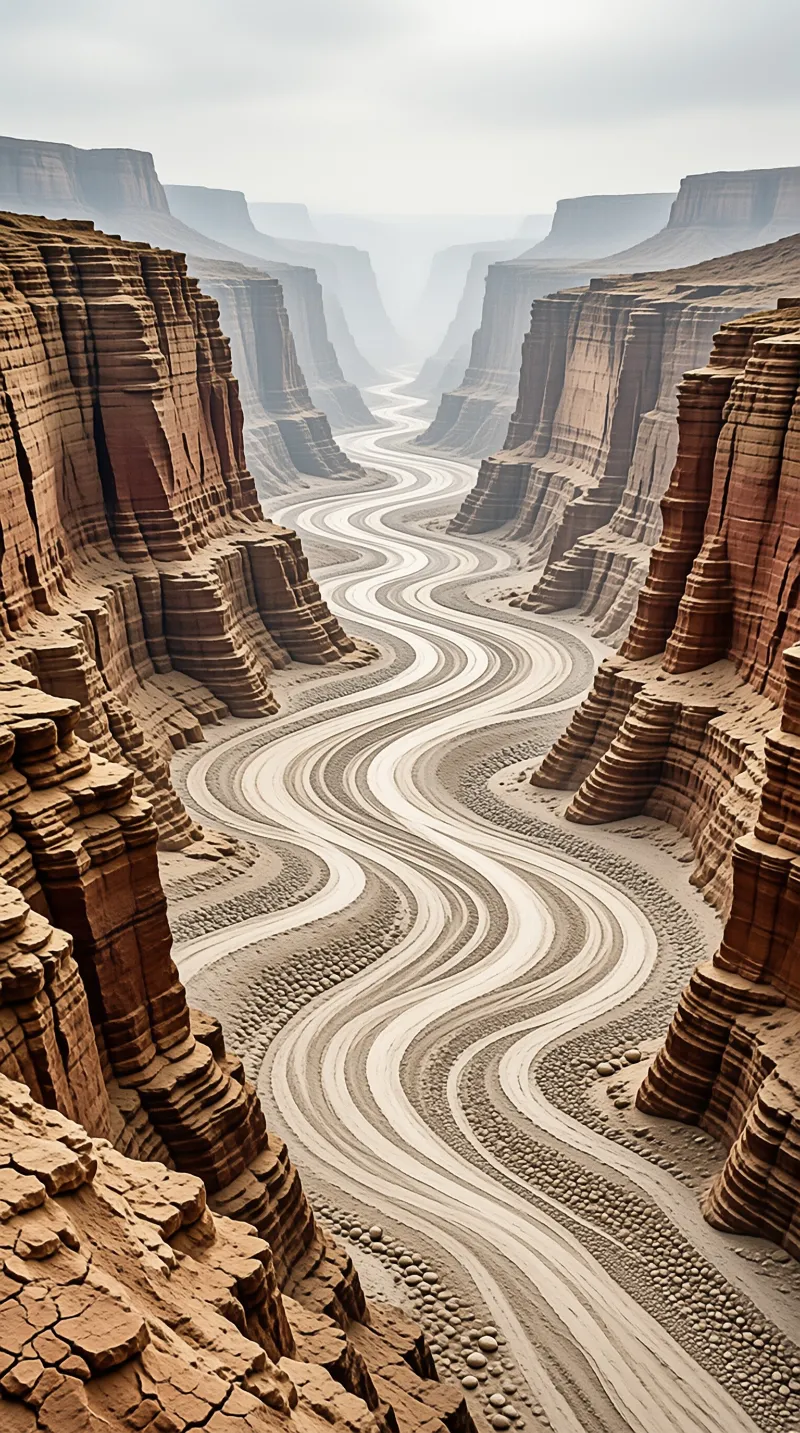 A sinuous waterway cuts through steep sedimentary cliffs that fade into atmospheric haze under a dull, overcast sky.