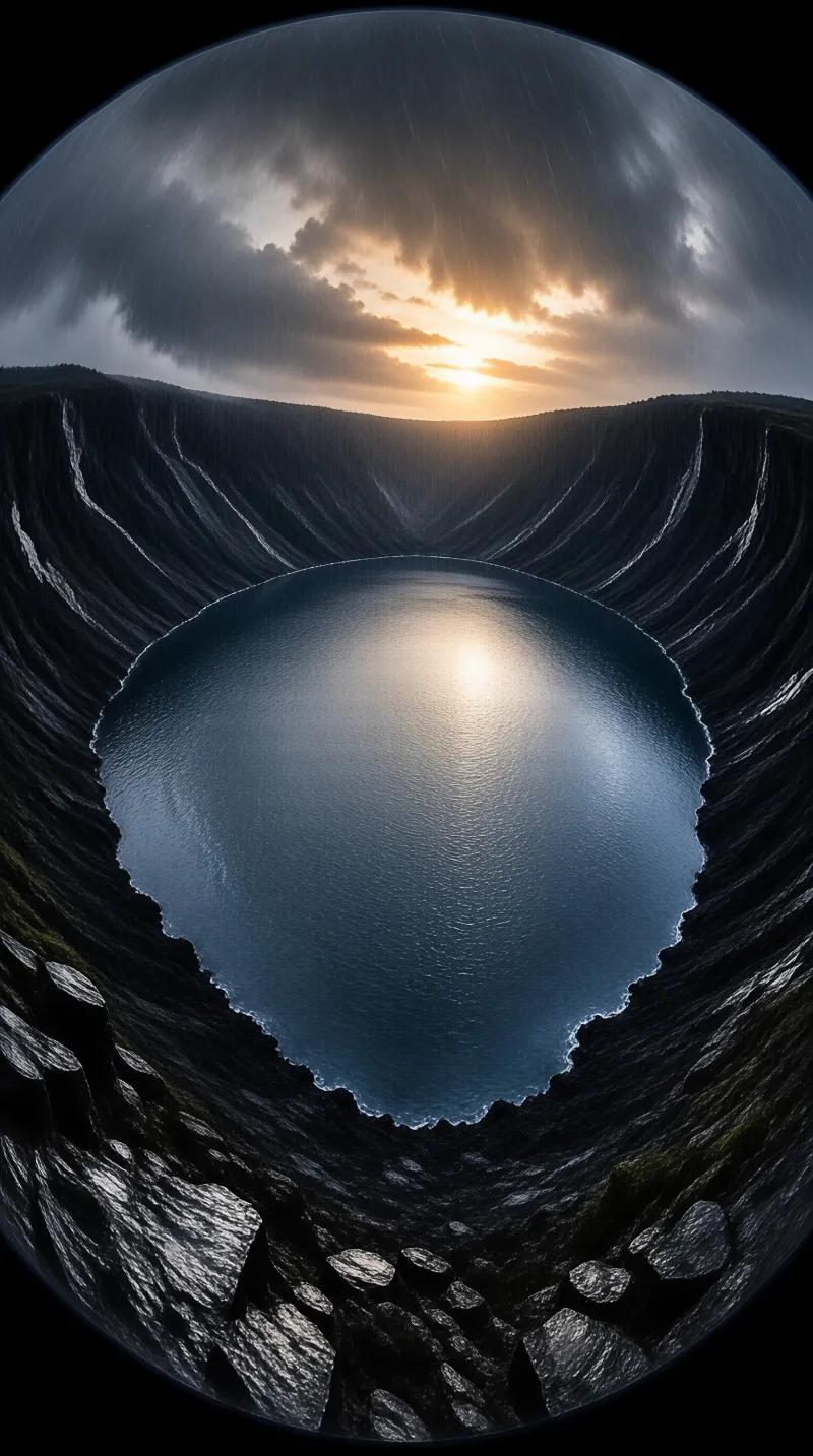 A circular pool sits within steep dark slopes while a bright sun shines through clouds above.
