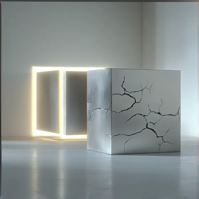 A white block with dark fractured lines sits on a smooth floor beside an illuminated wall niche in a bright room.