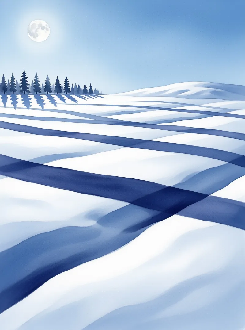 Rolling snow hills cast long dark blue shadows across a winter landscape beneath a pale moon and distant evergreen trees.