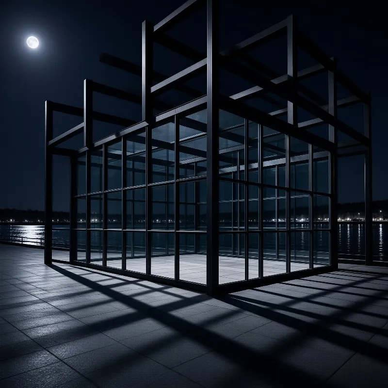 A modern glass and steel structure stands on a tiled pier beside dark water under a bright moon