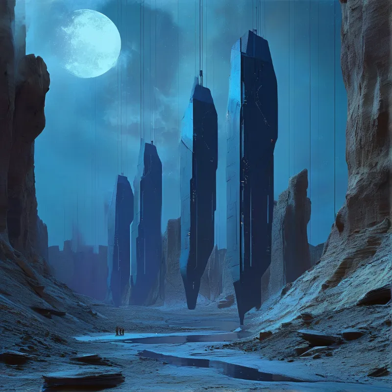 Four massive black monoliths hang by cables in a rocky canyon under a bright full moon and cool blue light.