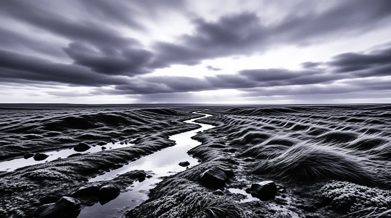 Monochrome landscape showing a snaking waterway traversing a field of wind-swept vegetation beneath storm clouds.