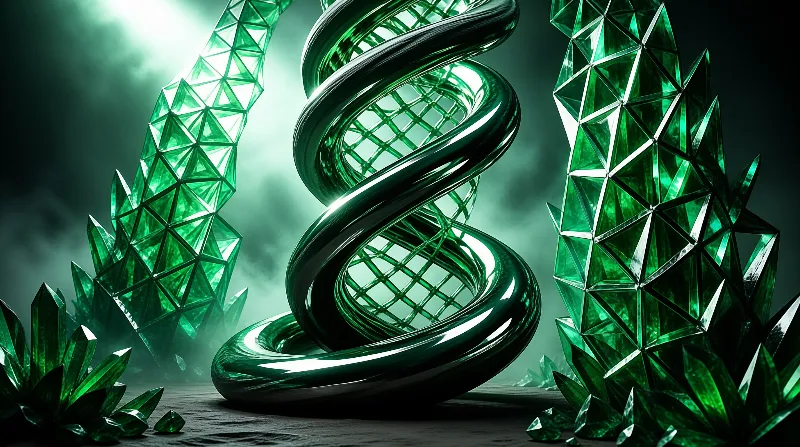 A glossy spiral structure stands beside sharp geometric shapes in a dark atmospheric setting.