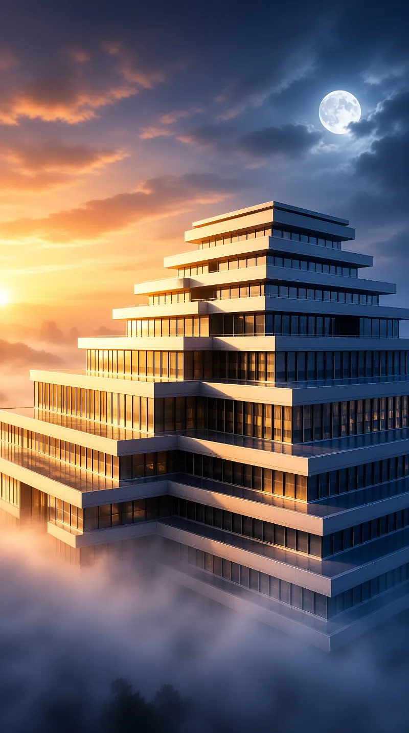 A multi-story glass ziggurat hovers above a sea of clouds during a dramatic sunrise with a full moon in the darkening sky.