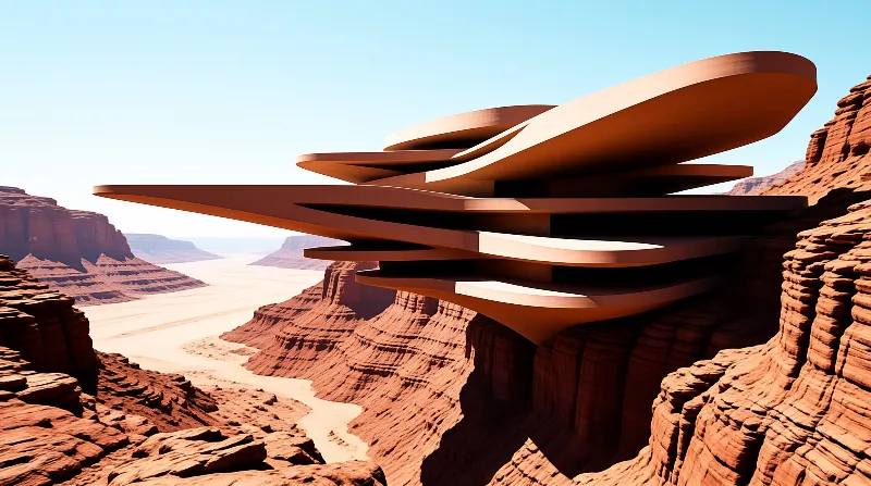 Curved terraces extend from a red rock cliffside overlooking a vast sandy valley under bright sunlight.