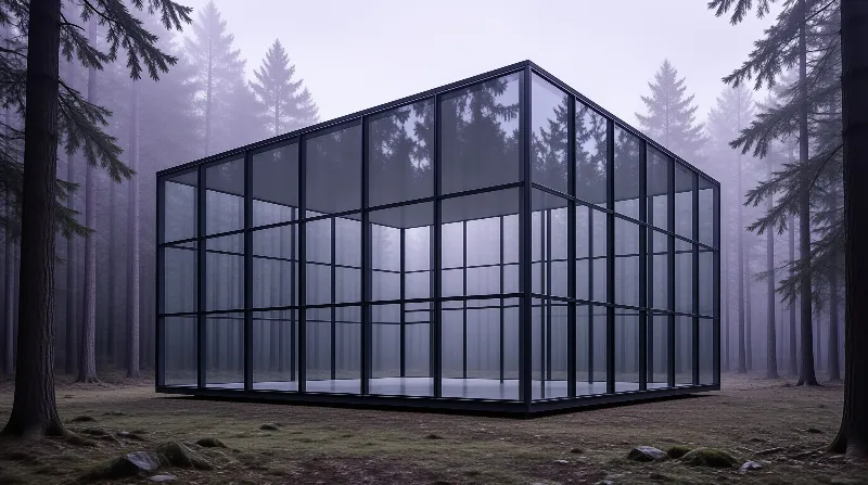 A transparent cubic glass structure with dark metal frames sits in a foggy evergreen woodland under soft purple light.
