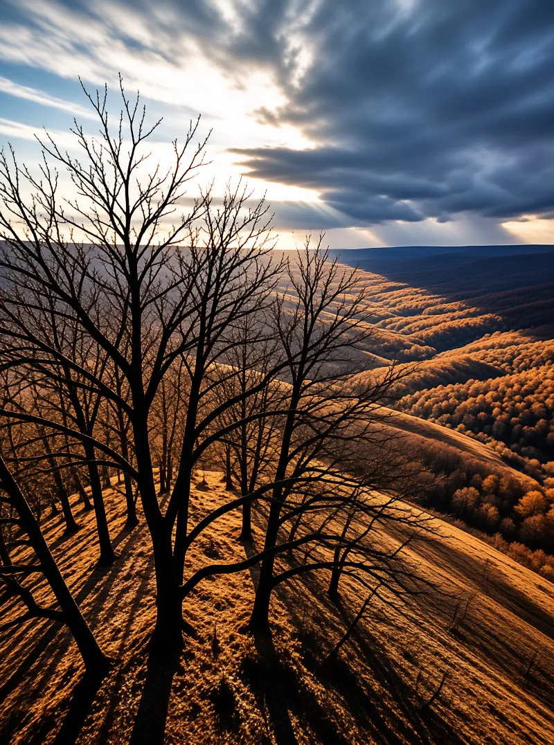 Silhouetted leafless branches lean over a sunlit hillside while beams fan through clouds above forested slopes.