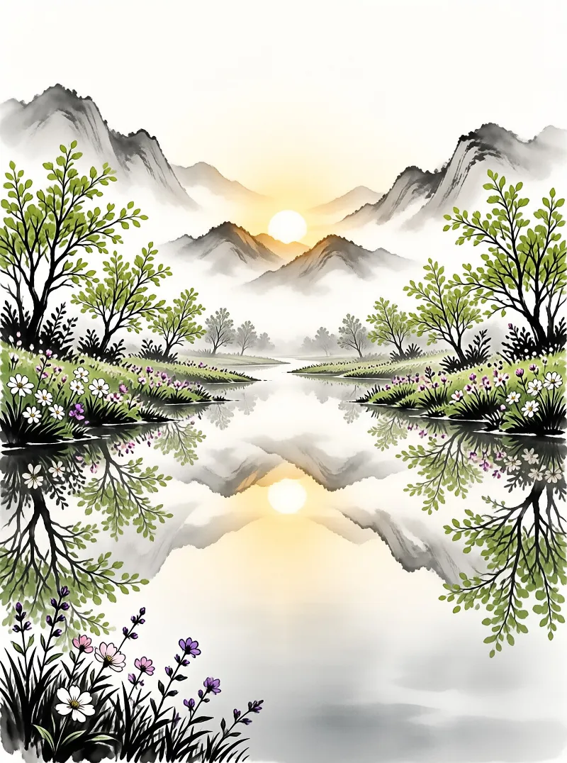 Soft brushstrokes fade misty peaks into pale sky while a glowing sun mirrors in the quiet river.