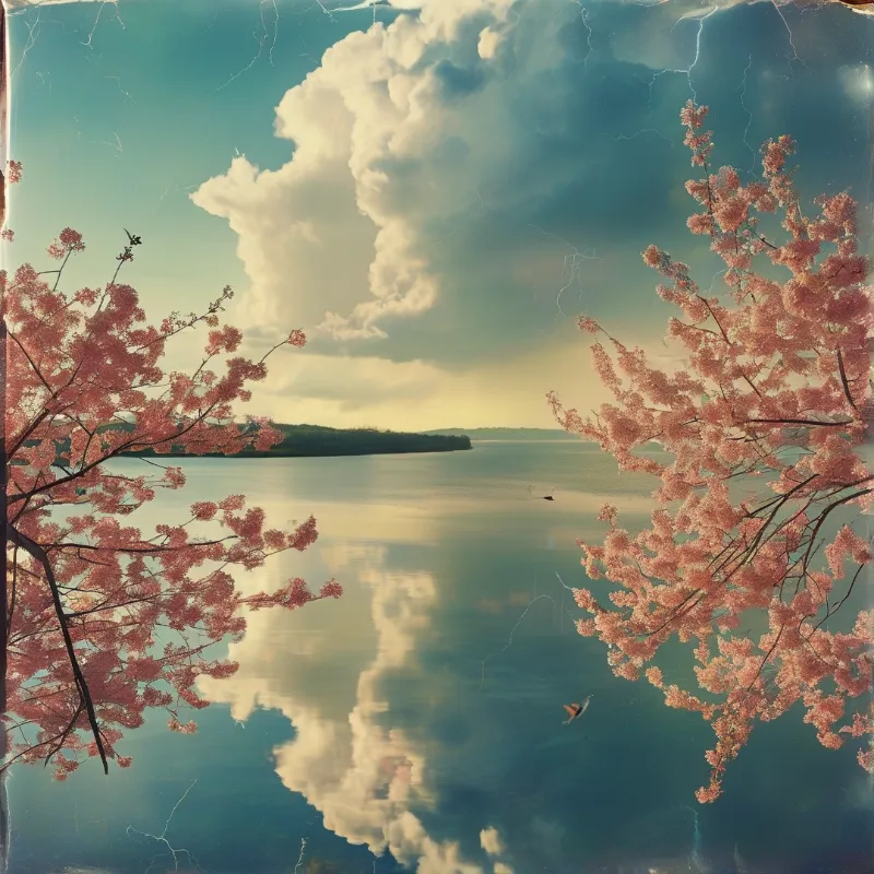 Pink cherry branches extend from both sides framing a still lake where a huge cloud and teal sky mirror on the surface, a distant green shoreline, a tiny boat and butterfly visible.