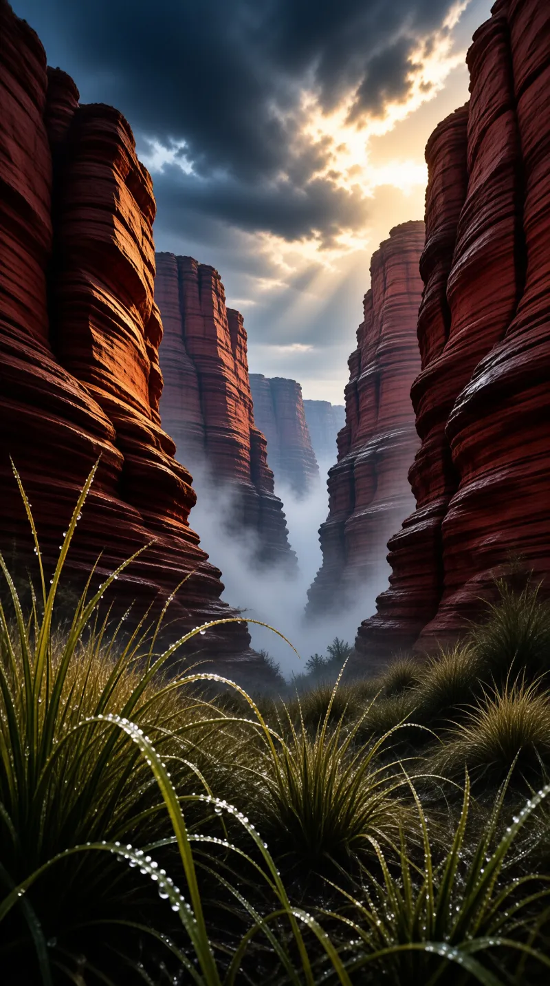 Wet grass with dew drops frames towering striped cliffs where sunlight breaks through storm clouds into mist.