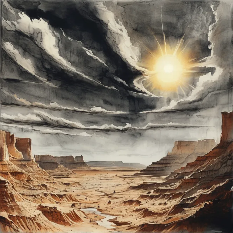 Desert canyon with layered cliffs and a dry riverbed beneath a dramatic sky where a bright sun shines through dark clouds.