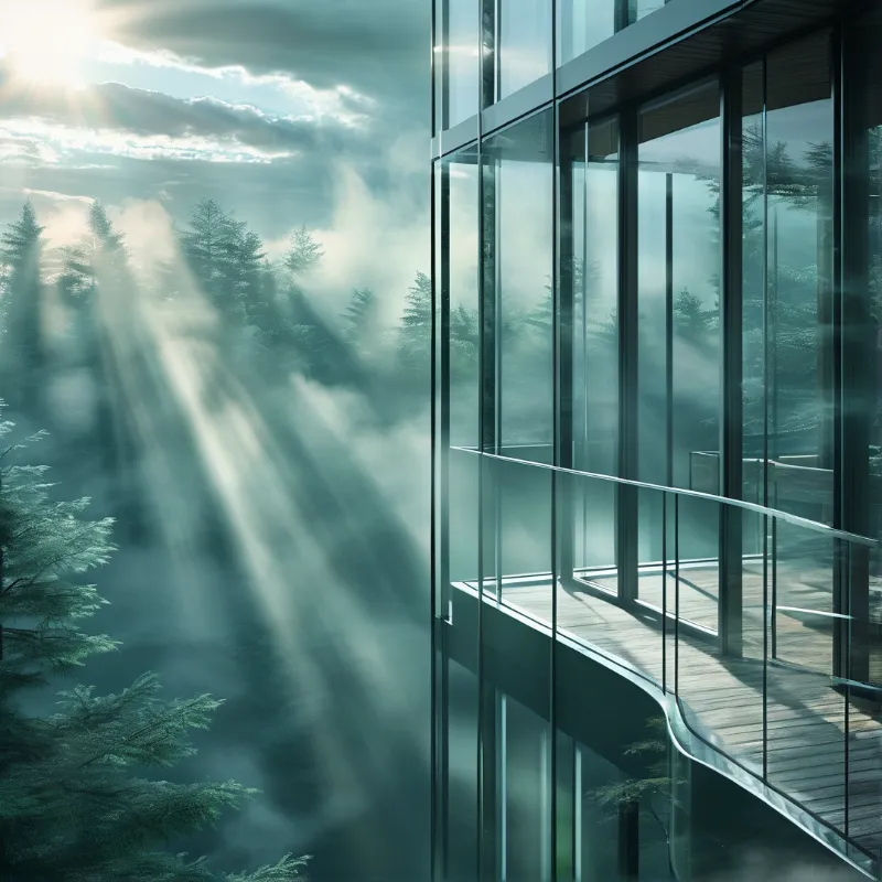 Glass House in Misty Woods