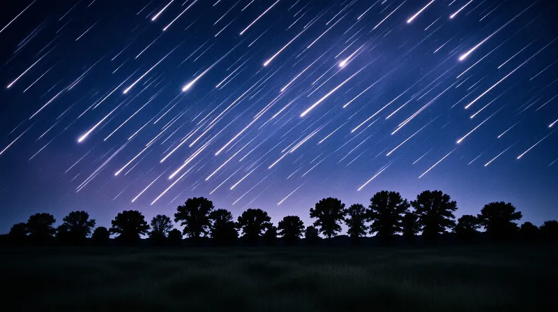 Curving arcs of starlight sweep across a deep blue night sky while a row of dark trees borders an open meadow below