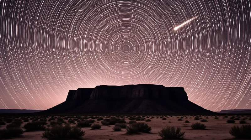 Pinkish star trails circle a dark mesa in a desert landscape beneath a night sky crossed by a bright meteor streak.