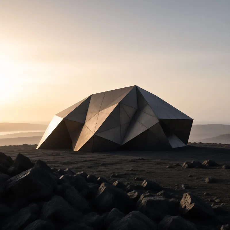 An angular dark building with flat faces stands on a rocky field beside a hazy lake under a golden sunset sky.