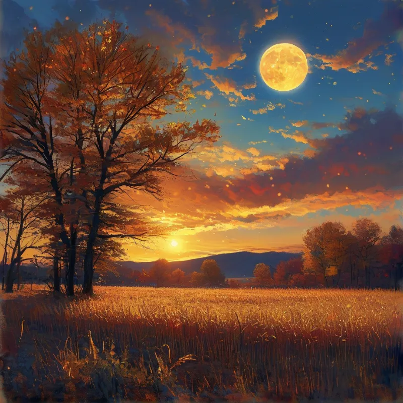 Sunset Landscape with Moon