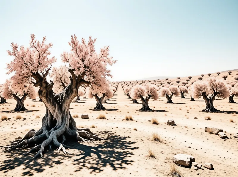 Ancient trees with pale pink foliage line a sandy desert landscape under a bright clear sky.