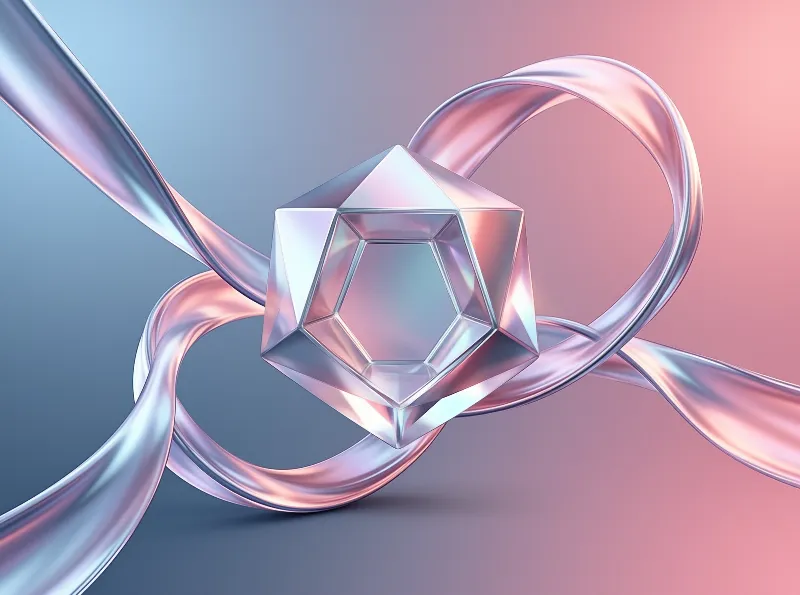 A mirrored twelve sided solid floats at the center of a looping metallic ribbon that shifts from cool blue to warm rose