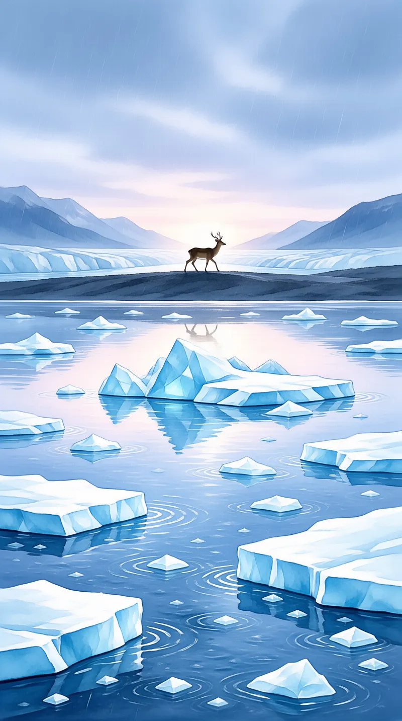 A lone stag walks along a dark ridge overlooking a calm sea filled with large blue icebergs under a soft sky.