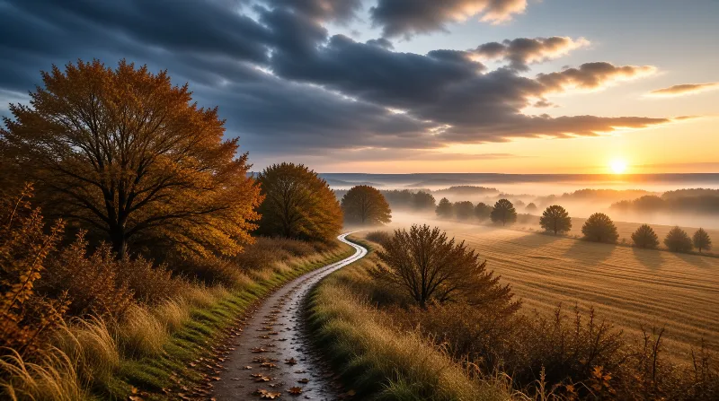 A narrow footpath bends between golden trees and a misty harvested field lit by a low rising autumn sun.