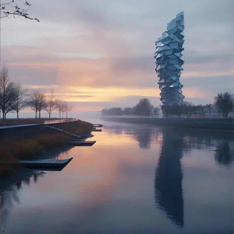 A jagged spiral tower rises beside a tranquil river reflecting the soft colors of dawn across the misty landscape.
