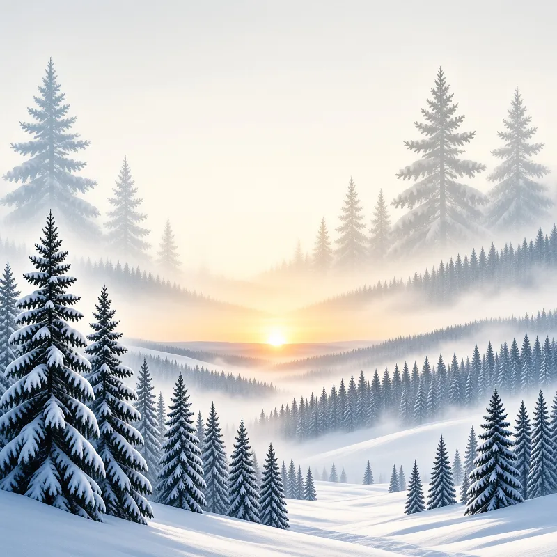 Tall snow covered pine trees stand on rolling hills while a bright sun rises above a foggy valley in the distance.