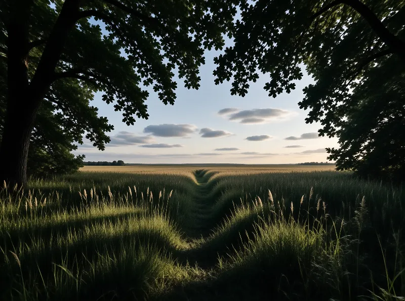 Dark tree branches frame a sunlit grassy trail stretching toward a horizon of golden wheat fields under a pale blue sky.