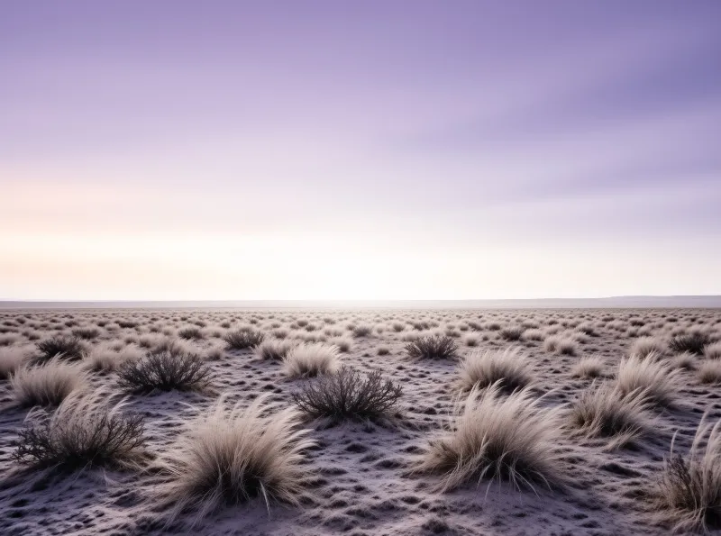 Dry grass tufts scattered across a flat landscape under a gradient purple and yellow sky.