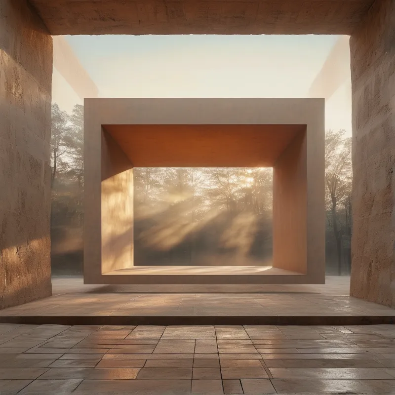 Nested rectangular openings of rough stone reveal sunbeams slanting through a foggy pine forest at soft dawn light.