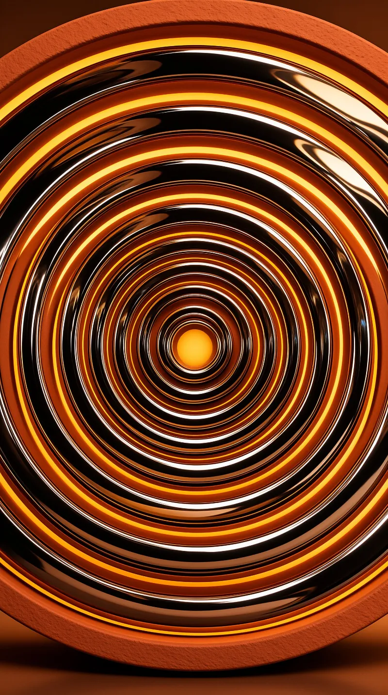Tight concentric stacks of shiny chrome rings are lit by warm orange light from a glowing core at their center, framed by a matte terracotta rim.