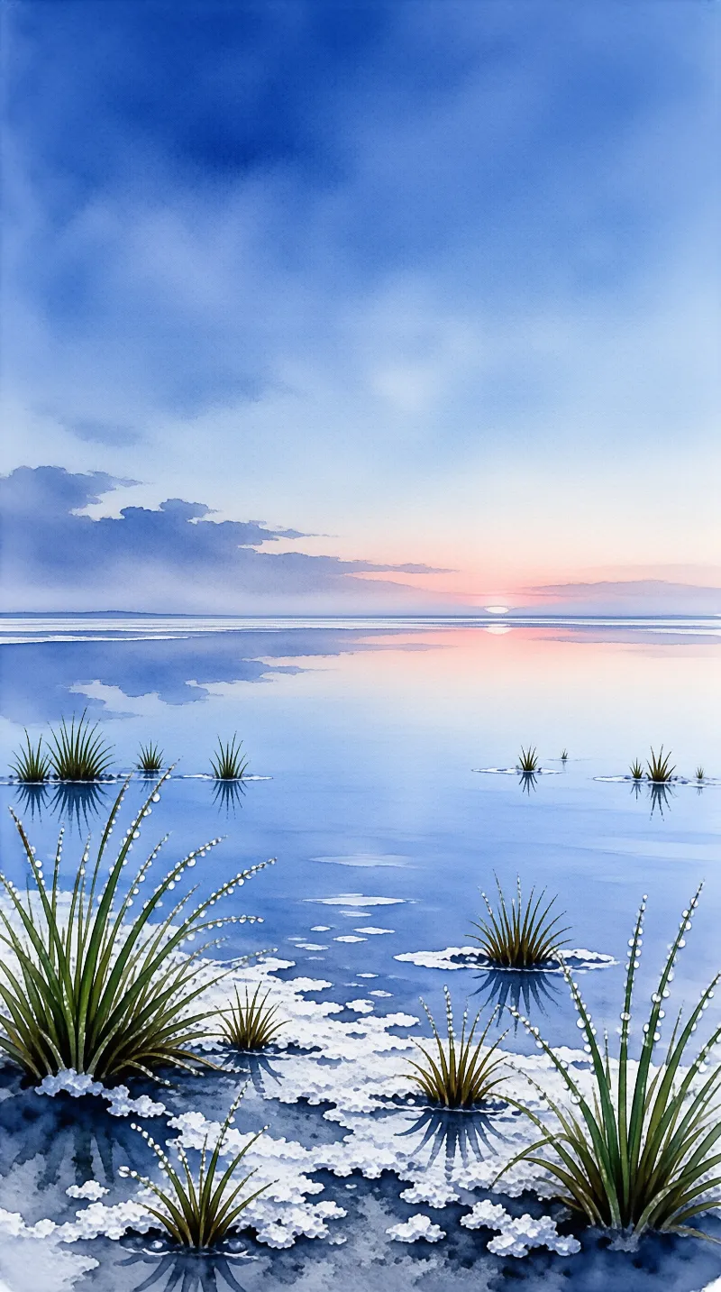 Patches of sharp tufted grass rise from a glassy blue salt flat mirroring the pale pink and blue sunset sky.