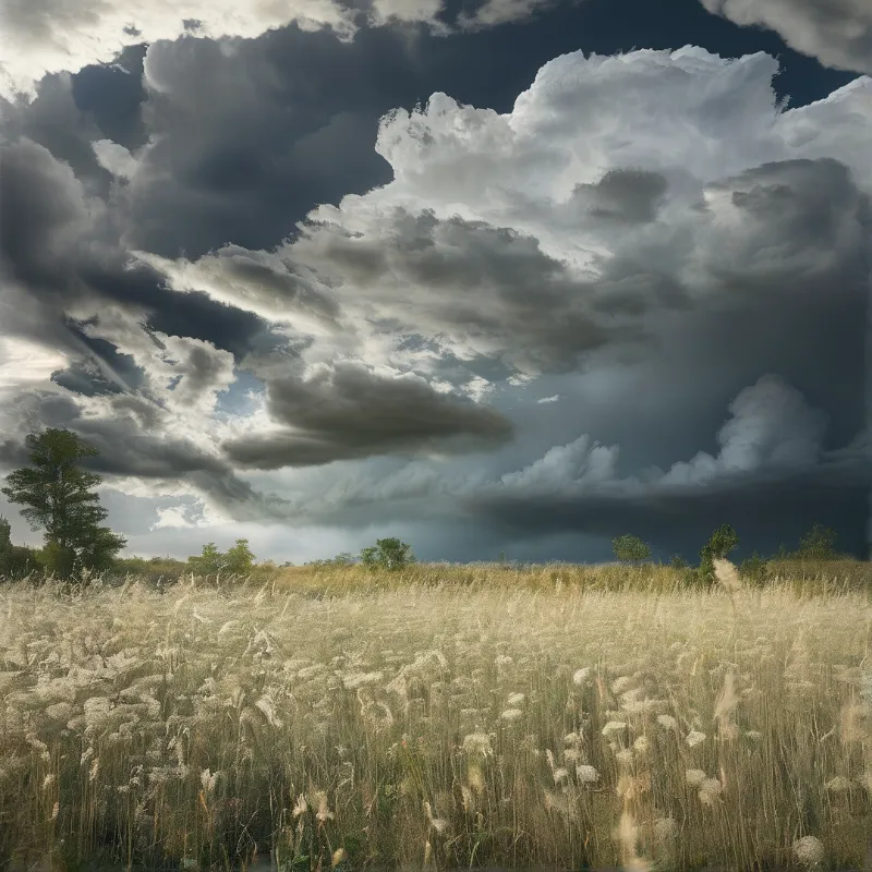 A landscape view of a dry grass meadow stretching beneath a sky filled with turbulent dark cumulus clouds.