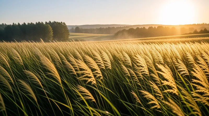 A vast field of tall grasses swaying under a golden sunrise in a rural setting.