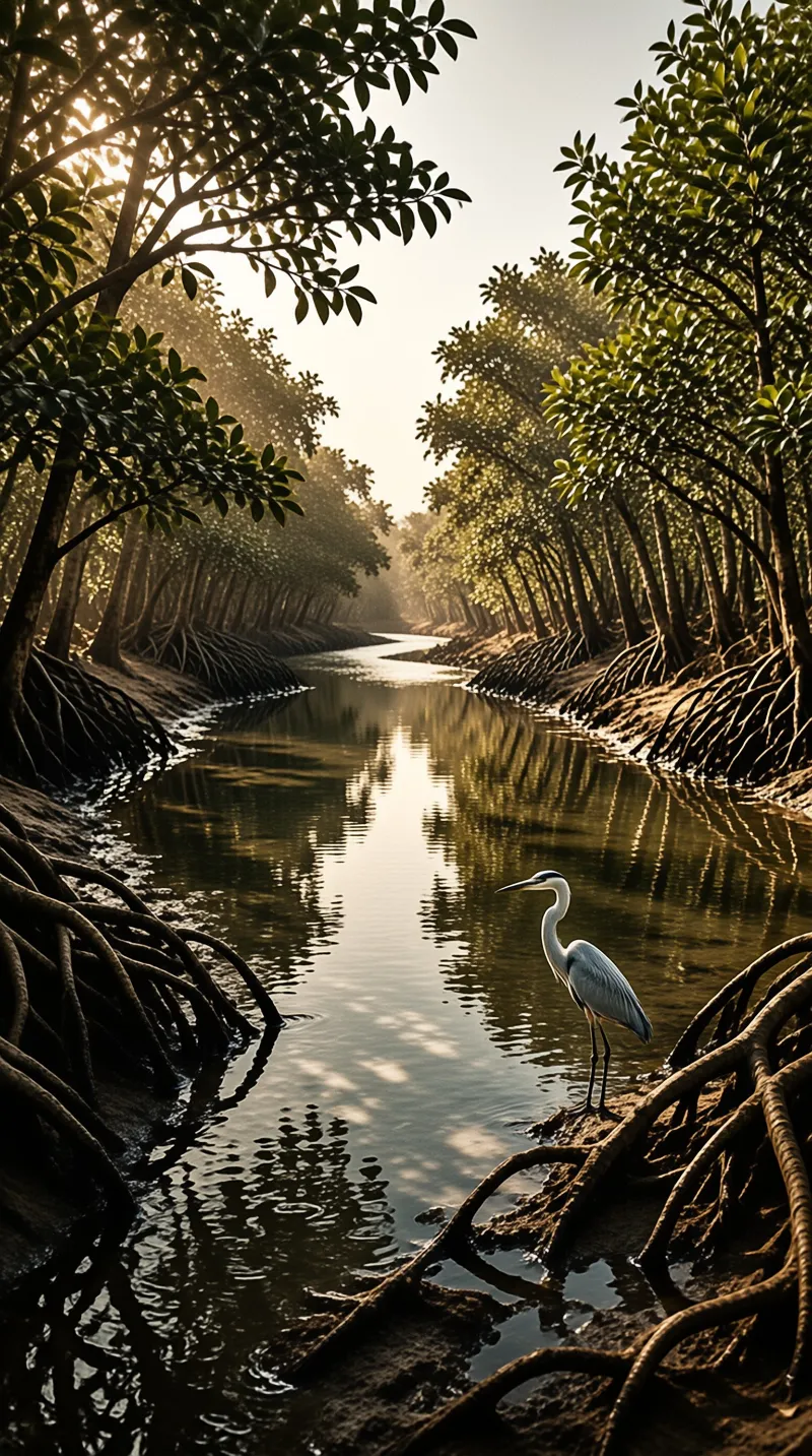 A grey heron stands on roots beside a calm river winding through a dense mangrove forest bathed in golden sunlight.