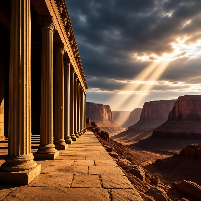 Massive pillars line a terrace above a red rock gorge as rays pierce the dark sky.